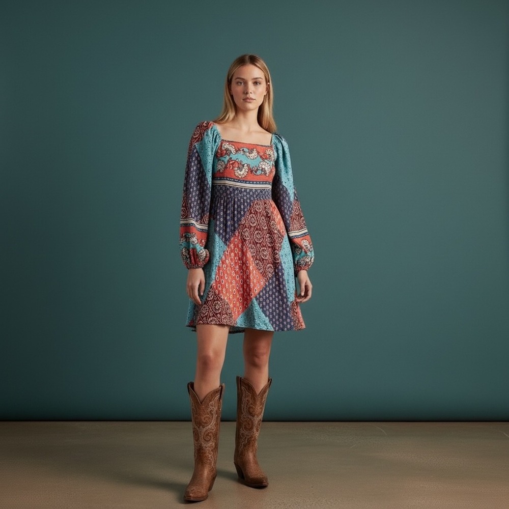 Merci Patchwork Square Neck Long Sleeve Mini Dress Blue Orange‎ M